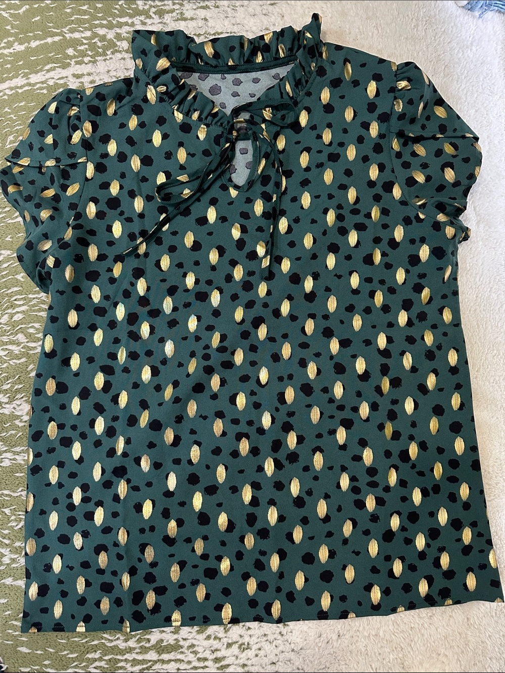 SHEIN Green Metallic Gold Spot Ruffle Tie Neck Blouse